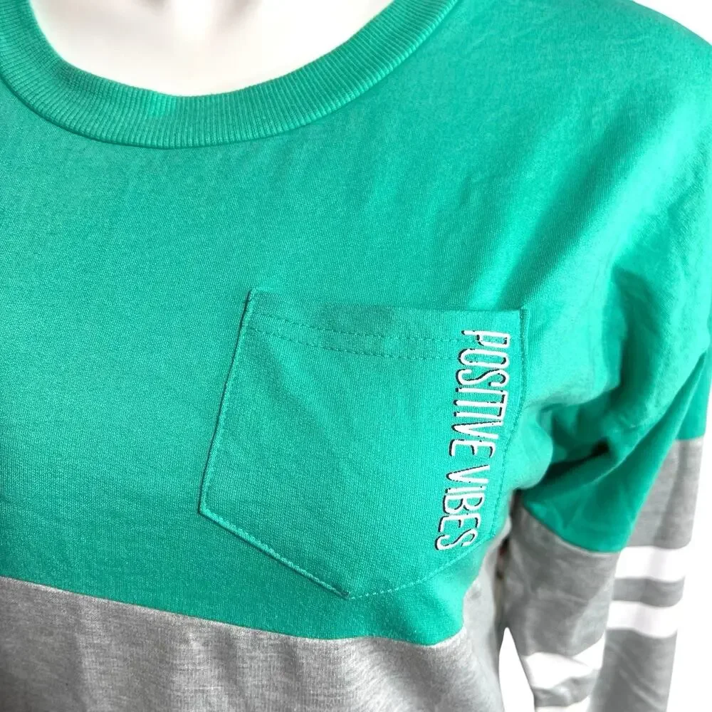 Rue 21 Womens Positive Vibes Sporty Sweatshirt Pullover Long Sleeve Gray Teal La